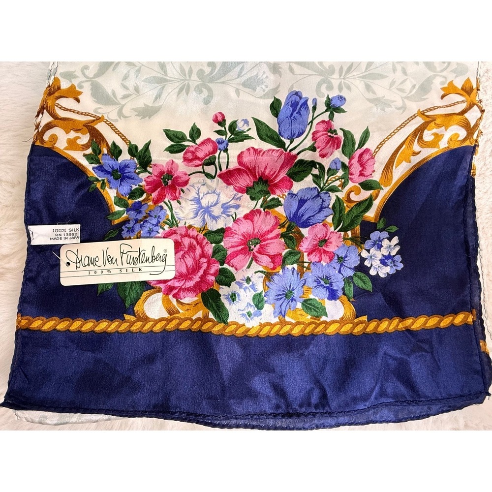 Vintage Diane Von Furstenberg Silk Scarf Navy Blue Cream Floral Japan NWT
